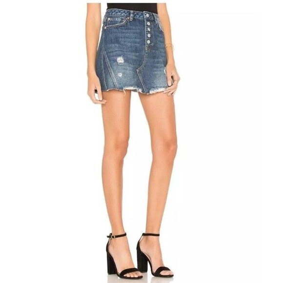 Free People Skirt Size 24 Dark Wash Denim A Line Mini Button Fly We The Free - Picture 1 of 8